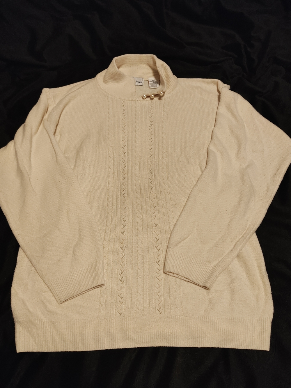 Women's Cream Cable-Detail Mock Neck Sweater with Pearl Accent